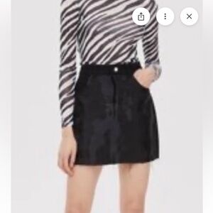 Topshop Black Denim Mini Skirt Sheer Front Overlay Fringe Hem  size 4